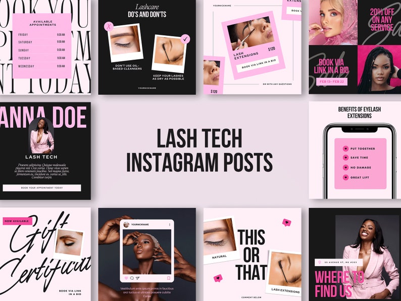 May include: A collection of Instagram post templates for a lash technician. The posts feature pink and black color schemes with images of eyelashes, a phone screen with a list of benefits of eyelash extensions, and a woman with long eyelashes. The text on the posts includes "Lash Tech", "Lash Extensions", "Benefits of Eyelash Extensions", and "Where to Find Us".