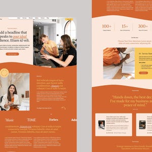 May include: A website design with a warm color palette, featuring text that reads "Add a headline that speaks to your ideal audience." The design includes images of people working and testimonials.