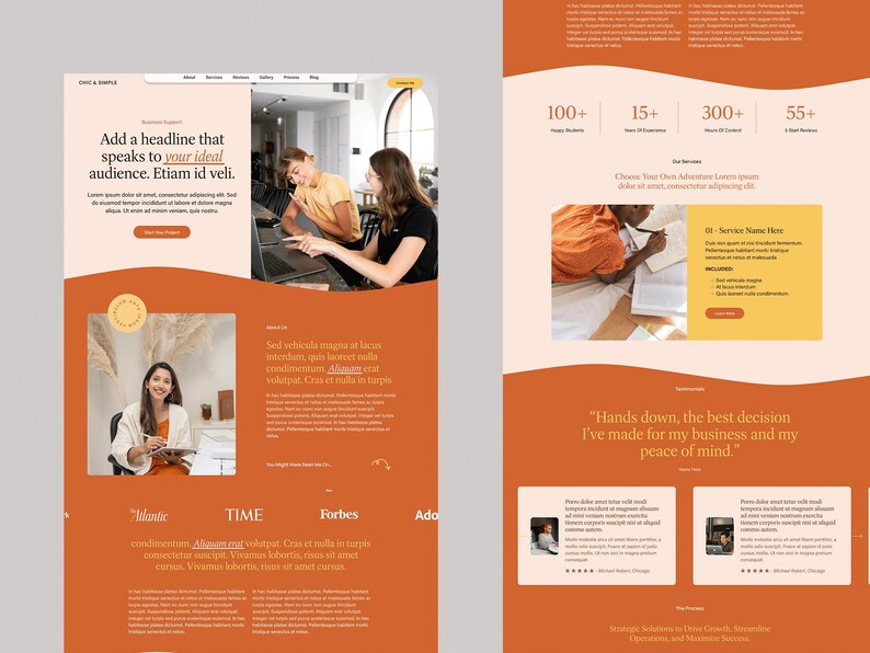 May include: A website design with a warm color palette, featuring text that reads "Add a headline that speaks to your ideal audience." The design includes images of people working and testimonials.