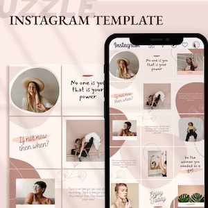 Beige Instagram puzzle grid feed template | Modern canva social media post | pink brush minimalist feminine | female entrepreneur| business