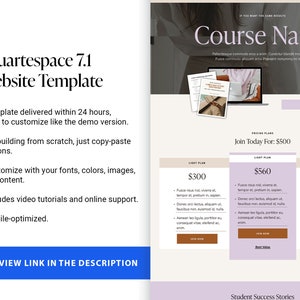 May include: A website template for Squarespace 7.1, featuring a clean, modern design. The image showcases a website layout with a course name, pricing plans, and a preview link. The template is mobile-optimized and includes video tutorials.