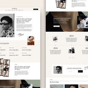 May include: A website homepage for a fashion and lifestyle blog. The website features a timeline of brand partnerships and collaborations, a section with fun facts, and a call to action to join the newsletter.