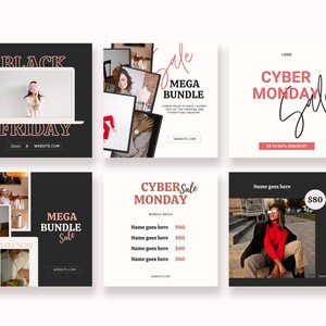 May include: Six social media post templates for Black Friday and Cyber Monday sales. The templates feature a black and white color scheme with pops of pink and red. The text includes "Black Friday", "Cyber Monday", "Mega Bundle Sale", and "Up to 80% Discount".