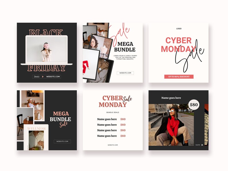 May include: Six social media post templates for Black Friday and Cyber Monday sales. The templates feature a black and white color scheme with pops of pink and red. The text includes "Black Friday", "Cyber Monday", "Mega Bundle Sale", and "Up to 80% Discount".