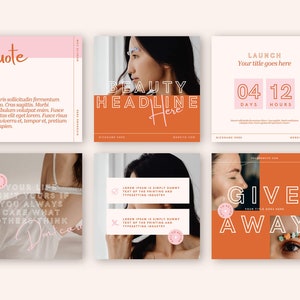 May include: A set of six Instagram post templates with a peach and orange color scheme. The templates feature a quote, a beauty headline, a countdown timer, a motivational quote, a text box with lorem ipsum text, and a giveaway announcement. The templates are designed for use on social media.