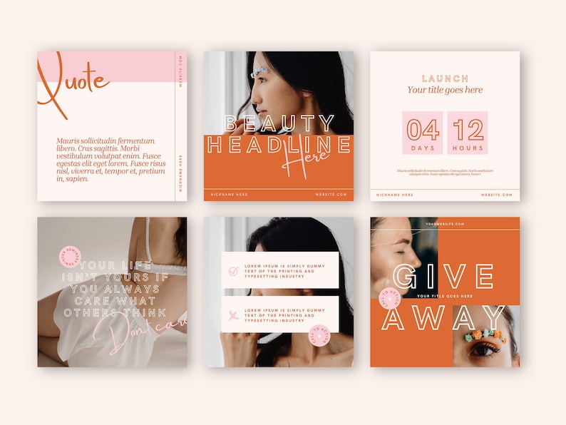 May include: A set of six Instagram post templates with a peach and orange color scheme. The templates feature a quote, a beauty headline, a countdown timer, a motivational quote, a text box with lorem ipsum text, and a giveaway announcement. The templates are designed for use on social media.