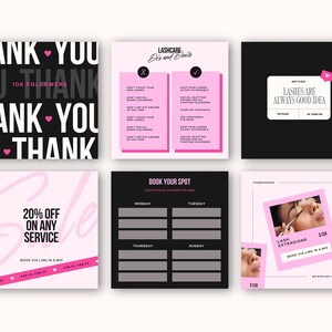 May include: A set of nine Instagram story templates for a lash business. The templates feature pink and black color schemes with text that says "Thank You", "Lash Care", "Lash Extensions", "20% Off", and "Book Your Spot".