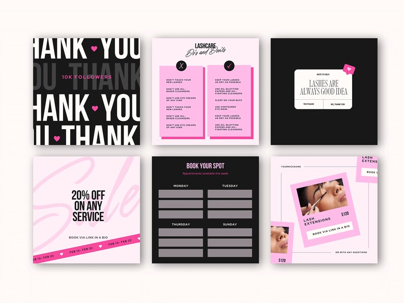 May include: A set of nine Instagram story templates for a lash business. The templates feature pink and black color schemes with text that says "Thank You", "Lash Care", "Lash Extensions", "20% Off", and "Book Your Spot".