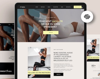 May include: A website homepage for a fitness studio with the text "Fit Life, Happy Life" and "Praesent Health Neque Eu Enim Praesent". The website features images of people working out and a call to action to "Join Now".