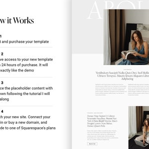 K&ouml;nnte beinhalten: Eine Website-Designvorlage f&uuml;r Squarespace. Das Bild zeigt eine Frau, die in einem Sessel ein Buch liest. Der Text auf der Seite beschreibt die Schritte, die bei der Verwendung der Vorlage zu befolgen sind.