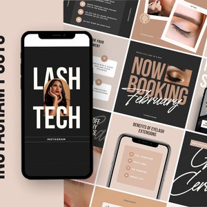 May include: A collection of nine Instagram post templates for a lash technician. The templates feature a black and white color scheme with gold accents. The text on the templates includes "Lash Tech", "Now Booking February", "Benefits of Eyelash Extensions", "Gift Certificates", and "The Price List".