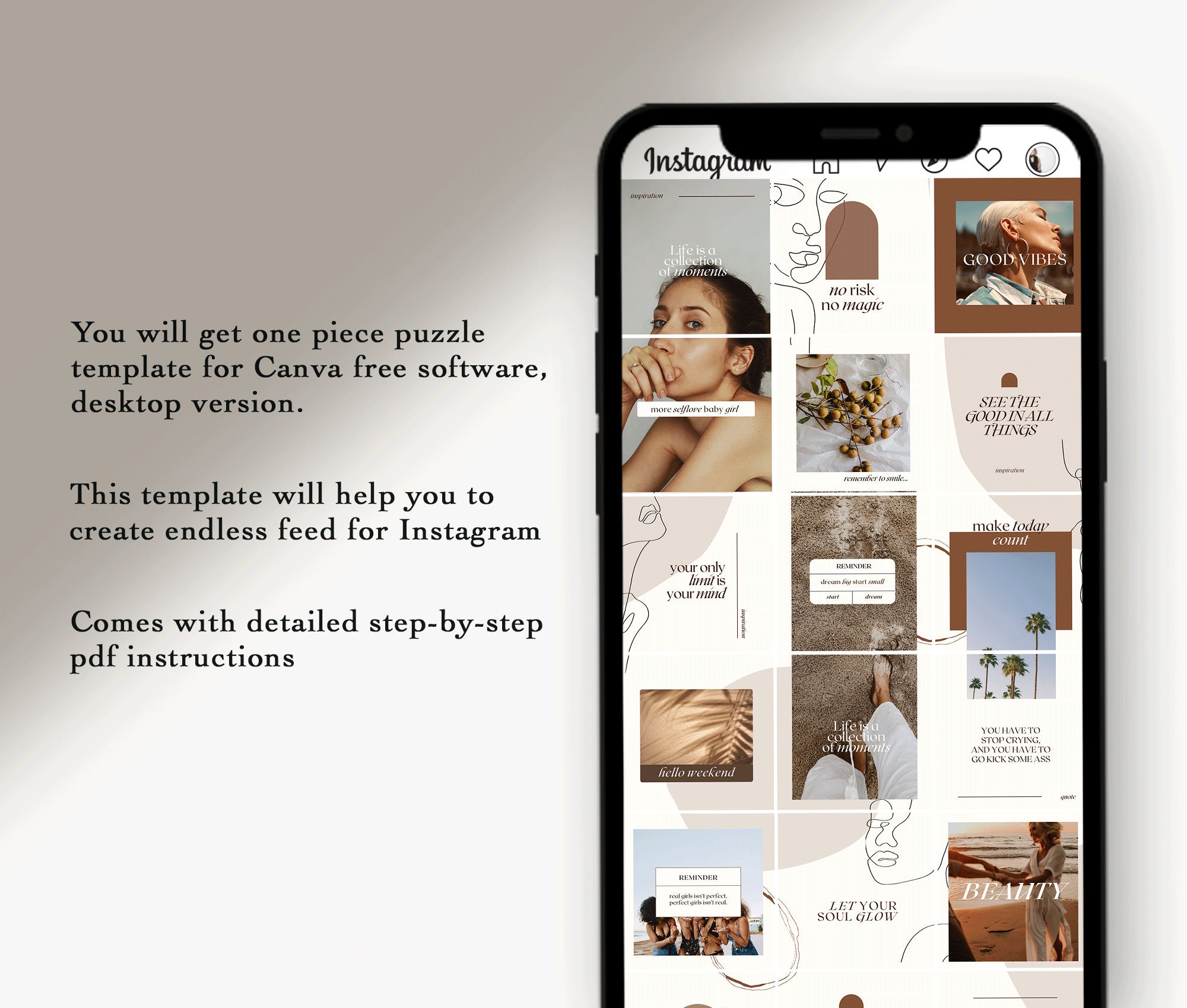 Boho Instagram Puzzle Grid Feed Template| Modern Canva Social Media ...