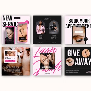 May include: Six Instagram story templates for a lash extension business. The templates feature a pink and black color scheme with images of eyes and eyelashes. The text on the templates includes "New Service", "Book Your Appointment", "Lash Extensions", "Classic Set", "Give Away", and "More Details".