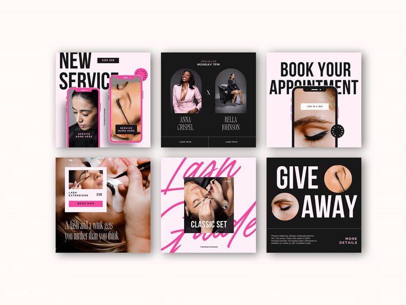 May include: Six Instagram story templates for a lash extension business. The templates feature a pink and black color scheme with images of eyes and eyelashes. The text on the templates includes "New Service", "Book Your Appointment", "Lash Extensions", "Classic Set", "Give Away", and "More Details".