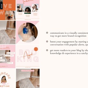 May include: A collage of pink and orange squares with text and images. The text includes "Give Away", "We Are Open", "Booking August", "Skincare Routine", and "Your Title Would Go Here". The images include a woman's eye with colorful makeup, a woman's face with earrings, and a woman's face with a skincare routine.