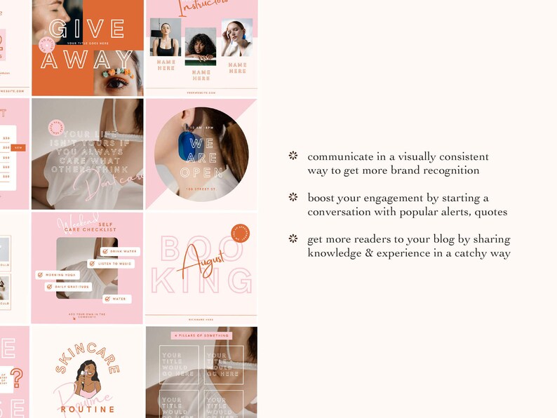 May include: A collage of pink and orange squares with text and images. The text includes "Give Away", "We Are Open", "Booking August", "Skincare Routine", and "Your Title Would Go Here". The images include a woman's eye with colorful makeup, a woman's face with earrings, and a woman's face with a skincare routine.