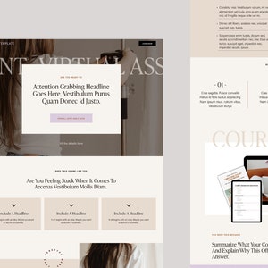 May include: A website template design with a light beige and white color scheme. The design includes text, headlines, and placeholder content. A laptop, tablet, and printed materials are displayed, showcasing the template's application.