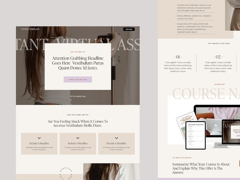 May include: A website template design with a light beige and white color scheme. The design includes text, headlines, and placeholder content. A laptop, tablet, and printed materials are displayed, showcasing the template's application.