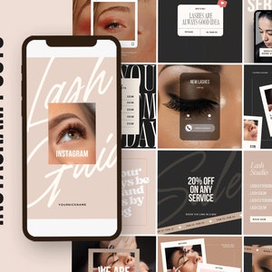 May include: A collection of Instagram post templates for a lash studio. The templates feature images of eyes with eyelashes, text about lash services, and pricing information. The text includes "Lash Studio", "New Lashes", "Lash Extensions", and "20% Off on Any Service".