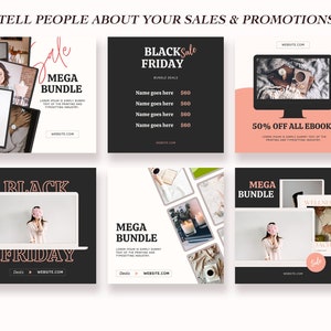 May include: A collection of six social media graphics promoting Black Friday sales and a mega bundle. The graphics feature a variety of images, including a woman holding a flower, a laptop, and a cup of coffee. The graphics also include text such as "Black Friday Sale", "Mega Bundle", and "50% Off All Ebooks".