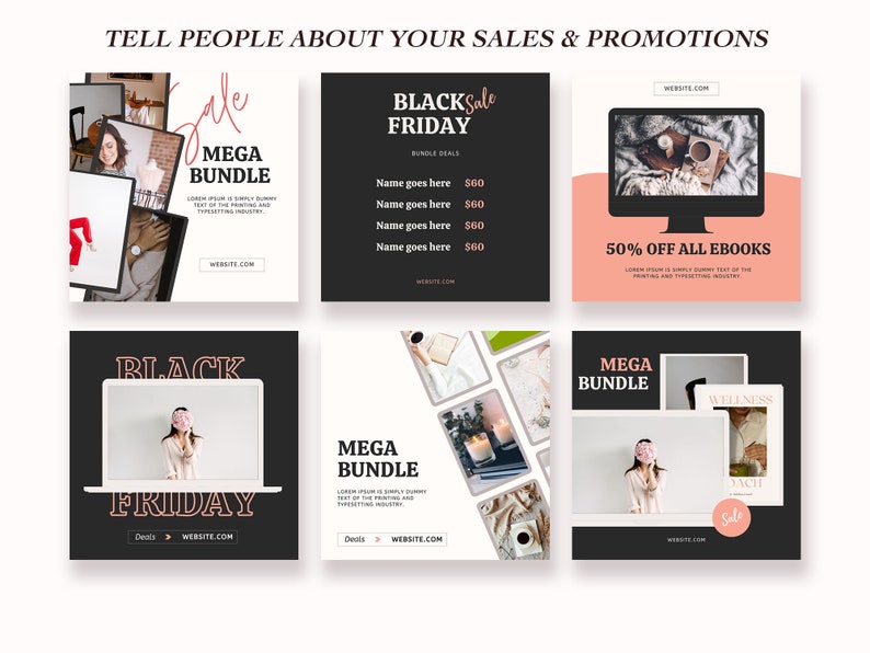 May include: A collection of six social media graphics promoting Black Friday sales and a mega bundle. The graphics feature a variety of images, including a woman holding a flower, a laptop, and a cup of coffee. The graphics also include text such as "Black Friday Sale", "Mega Bundle", and "50% Off All Ebooks".