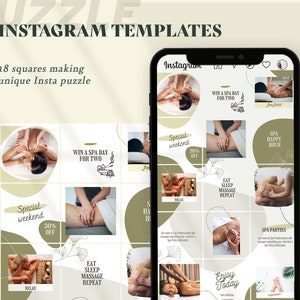 May include: A digital mockup of an Instagram grid with 18 squares featuring images of people receiving spa treatments. The text "WIN A SPA DAY FOR TWO" and "SPA HAPPY HOUR" are featured in the grid.