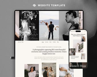 May include: A website template design featuring a desktop computer and a smartphone. The desktop displays a website with wedding photos. The smartphone shows a similar website design. The text on the screen reads "WEBSITE TEMPLATE" and "OAK & TIDE".