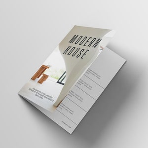 K&ouml;nnte beinhalten: Eine Brosch&uuml;re f&uuml;r ein modernes Haus mit dem Text "MODERN HOUSE" auf dem Titel. Die Brosch&uuml;re beschreibt das Haus als mit gro&szlig;en R&auml;umen mit mehreren sehr kleinen R&auml;umen.