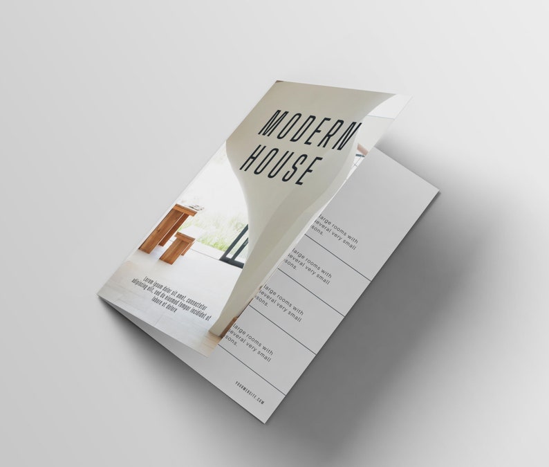 K&ouml;nnte beinhalten: Eine Brosch&uuml;re f&uuml;r ein modernes Haus mit dem Text "MODERN HOUSE" auf dem Titel. Die Brosch&uuml;re beschreibt das Haus als mit gro&szlig;en R&auml;umen mit mehreren sehr kleinen R&auml;umen.