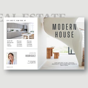 K&ouml;nnte beinhalten: Ein modernes Haus mit einer geschwungenen Treppe und einem gro&szlig;en Fenster. Das Haus hat eine hellgraue Fassade und einen Holzboden. Der Text "MODERN HOUSE" ist in schwarzer Schrift auf wei&szlig;em Hintergrund dargestellt.