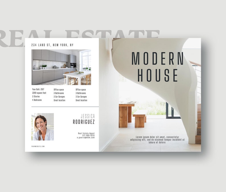 K&ouml;nnte beinhalten: Ein modernes Haus mit einer geschwungenen Treppe und einem gro&szlig;en Fenster. Das Haus hat eine hellgraue Fassade und einen Holzboden. Der Text "MODERN HOUSE" ist in schwarzer Schrift auf wei&szlig;em Hintergrund dargestellt.