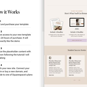 May include: A webpage layout with the title "How it Works" and steps for template purchase and site launch. The page includes bonus information and student success stories, with a neutral color scheme and text.