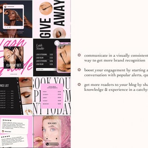 May include: A collage of nine images promoting lash extensions. The images feature a price list, appointment availability, and before and after photos of lash extensions. The text "Give Away" is written in black on a pink background.
