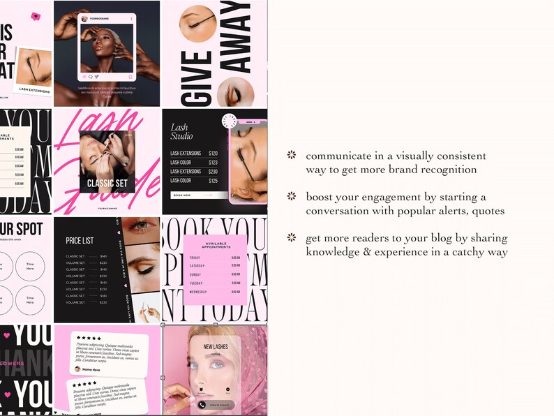 May include: A collage of nine images promoting lash extensions. The images feature a price list, appointment availability, and before and after photos of lash extensions. The text "Give Away" is written in black on a pink background.