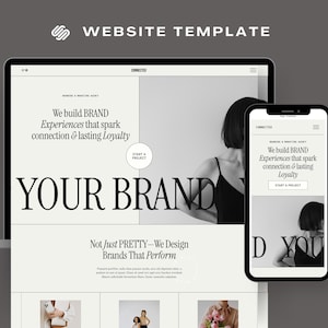 Può includere: Un modello di sito web visualizzato su un laptop e uno smartphone. Il design presenta il testo "WEBSITE TEMPLATE" e "YOUR BRAND". Il design del sito web include il testo "We build BRAND Experiences that spark connection & lasting Loyalty".