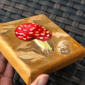 Mini oil painting "Amanita", original artwork, still life, mushroom painting, greeting card, Kitchen Wall Decor, small gift