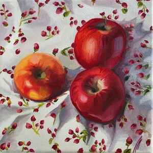 Original oil painting “Apples on a floral background”, Kitchen Wall Decor, apple, small still life