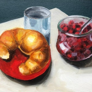 Still life &quot;Perfect breakfast&quot; Original Oil painting, Home Wall Decor, Kitchen Wall Decor, gift, croissant, coffee, food, cherry