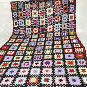 Vintage Handmade wool throw blanket , Granny knit blanket , chair throw , Crocheted  Blanket, Knitted Square Quilt / Single bed blanket (13)