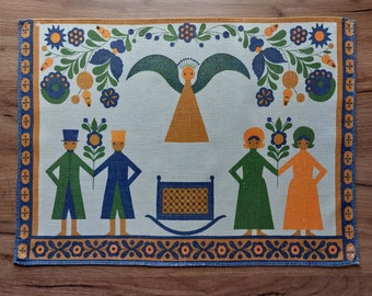 50s - 60s Scandinavian hand printed linen tapestry , Vintage wall decor,rare find (E8)