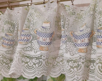 Vintage kitchen net valance curtain , Kitchen valance, cafe curtain , white blue yellow valance, net curtains, vintage valance curtains (13)