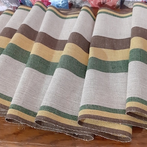 Lange tafelloper ongebruikt linnen, handgeweven tafelloper, gestreepte groen geel bruin grijze tafelloper, tafellinnen, vintage linnengoed (E12)