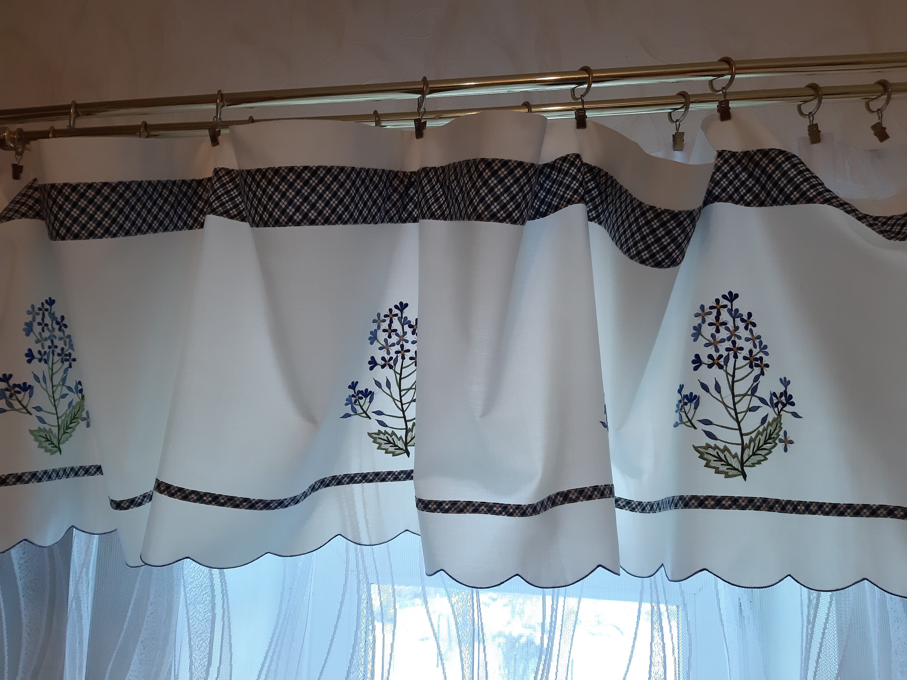 Vintage Floral Machine Embroidery Valance Curtain White Blue Etsy