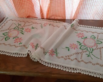 花柄テーブルランナー、手刺繍コットンヴィンテージテーブルクロス