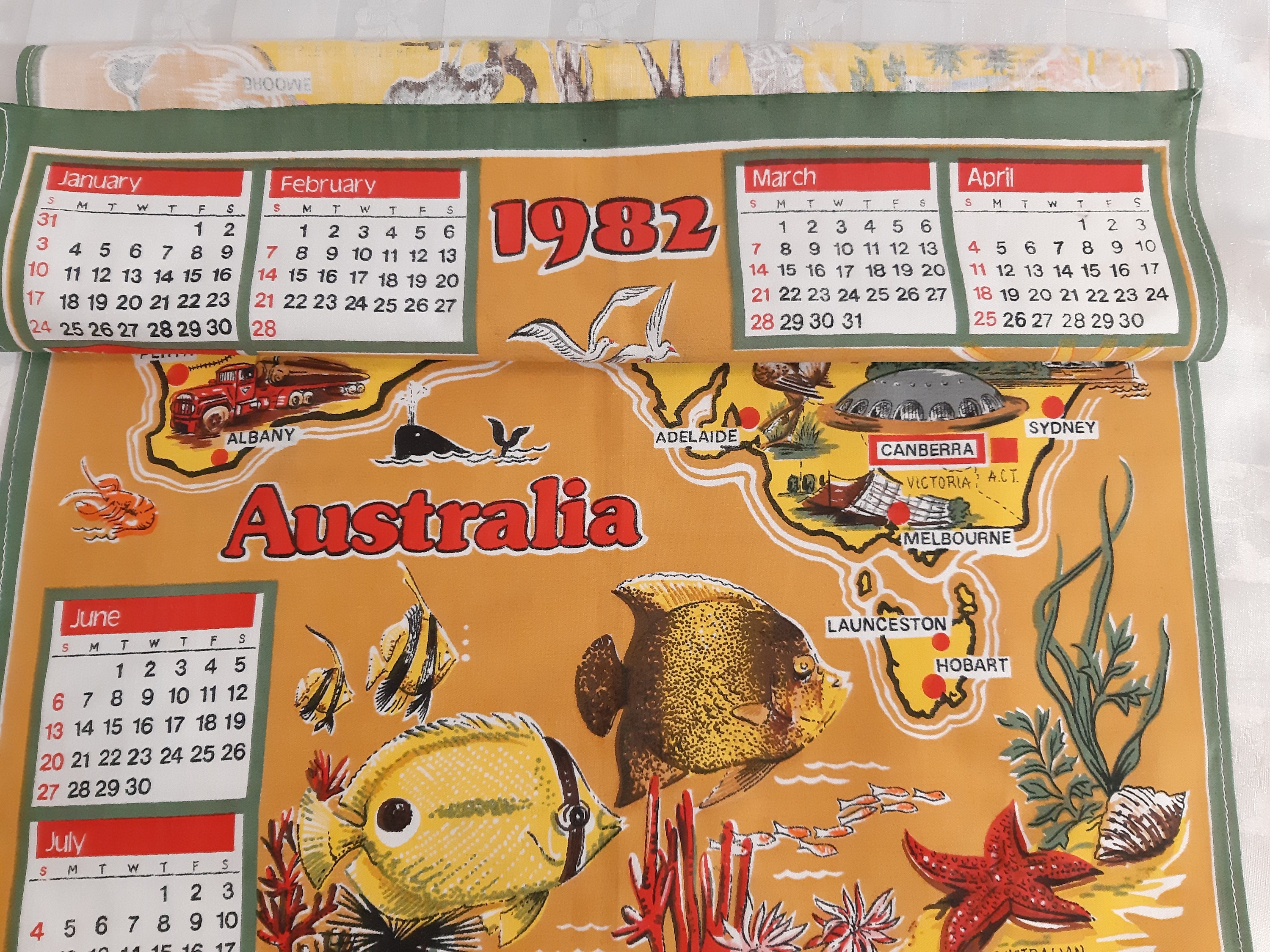Vintage Australia 1982 Year Collectible Cotton Print Tea Towel
