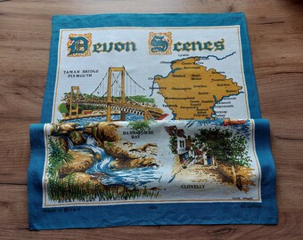 Vintage Devon Scenes Tea Towel, Retro British Souvenir  (EB)