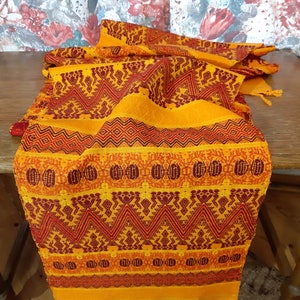 Long Vintage table runner, Handwoven Vintage table runner , Thin cotton woven yellow orange red table runner , long runner (E14)