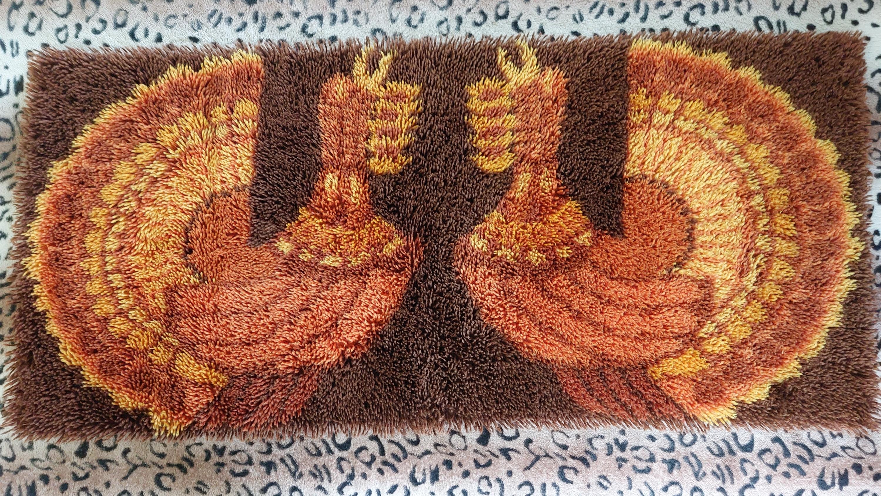 Wall Rug Denmark Vintage Larger Rya Rug, Danish Rooster Handmade Wool Rya Rug, Wool Wall ...