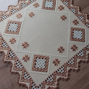 Peut inclure: Nappe carrée beige avec broderies complexes. Le motif présente des motifs géométriques, des motifs floraux et un bord festonné. La broderie est en marron et blanc, créant un textile décoratif.