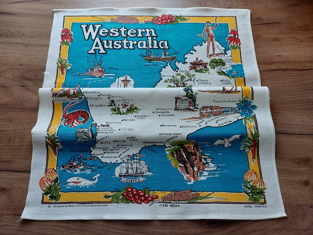 Vintage Western Australia Hand Printed Souvenir Tea Towel, Vintage